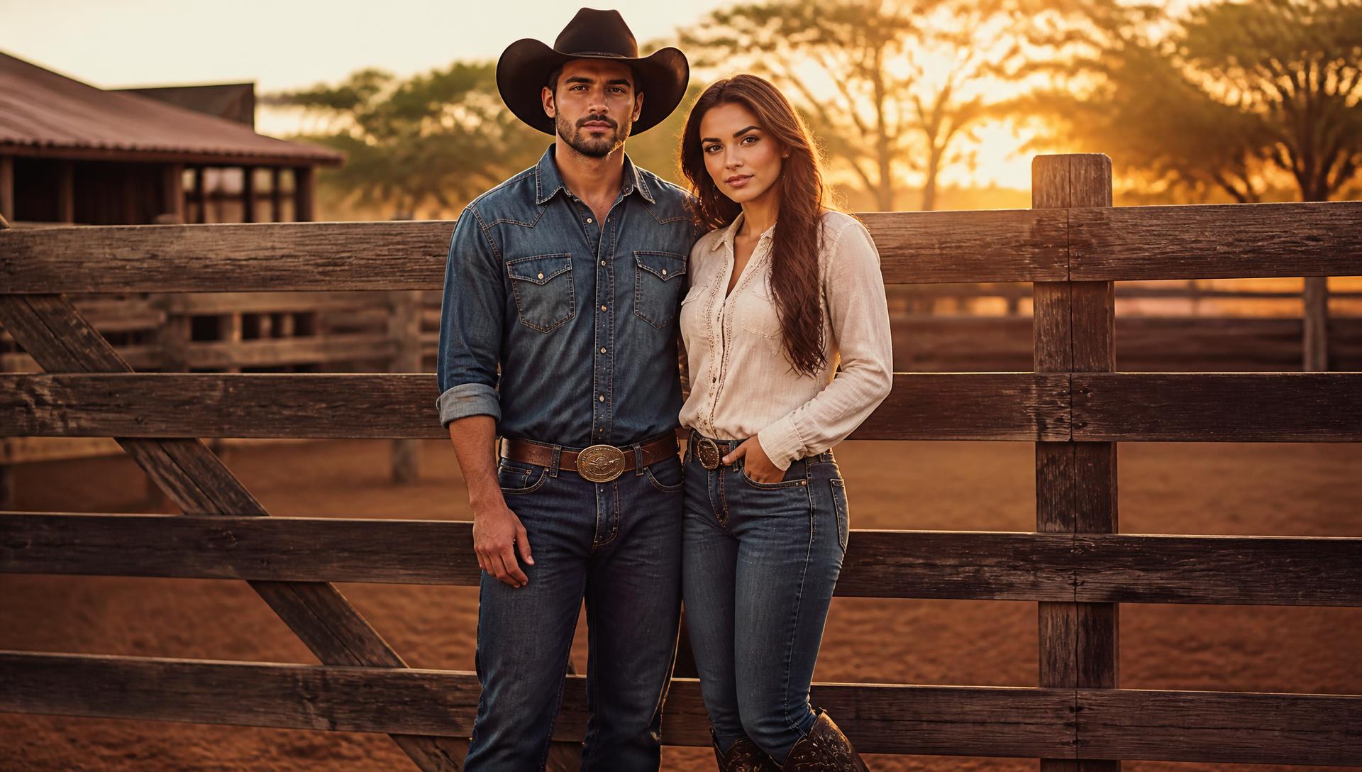 Casal em vestuário country premium ao entardecer em fazenda